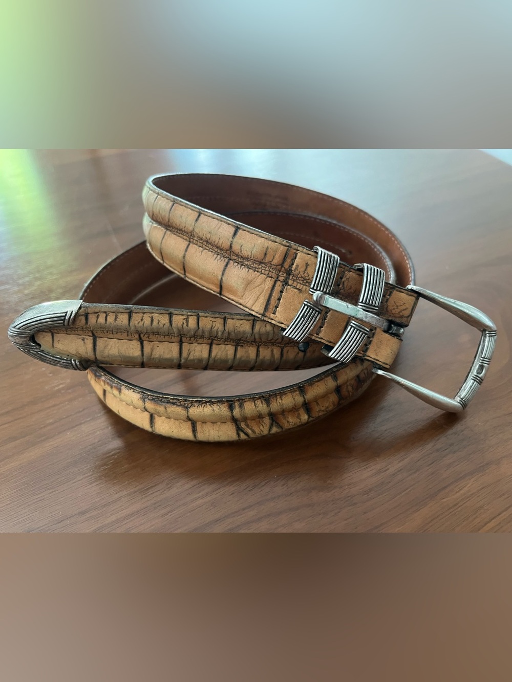 Martin Dingman Alligator grain Italian Calfskin Belt with Silver-Tone Buckle